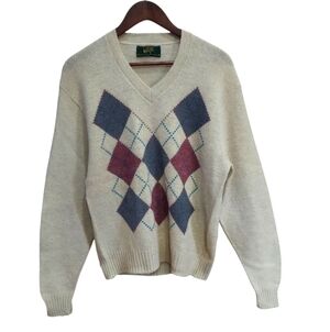 Mens Vintage Country Squire Arglye Wool Blend V-Neck Sweater USA